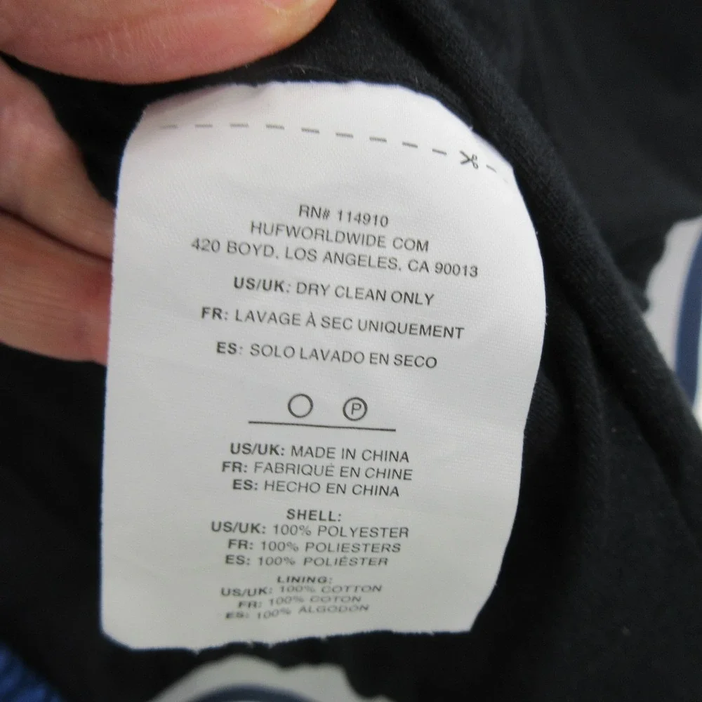 HUF Men Blue Satin Varsity Bomber Jacket Size XXL Snap Front Patch Logo
